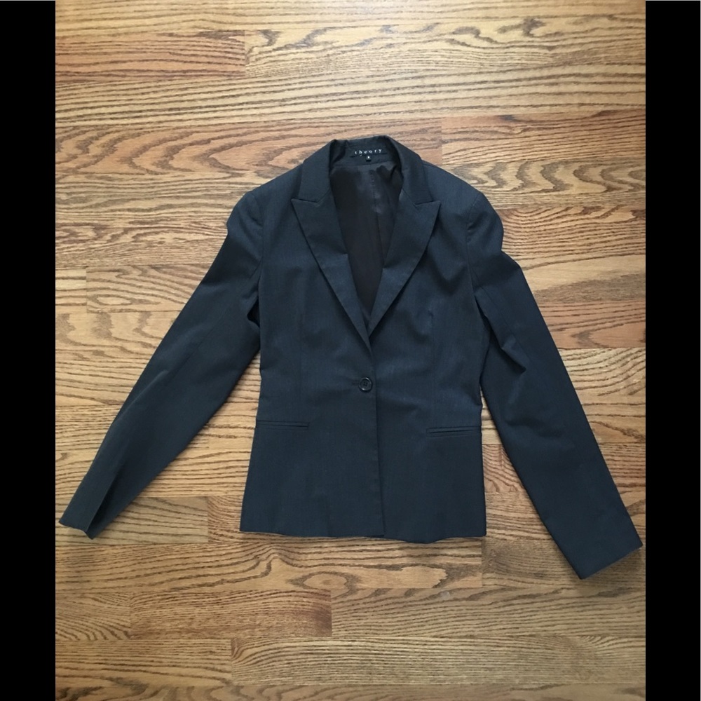 Theory suit, jacket and pants in matte gray